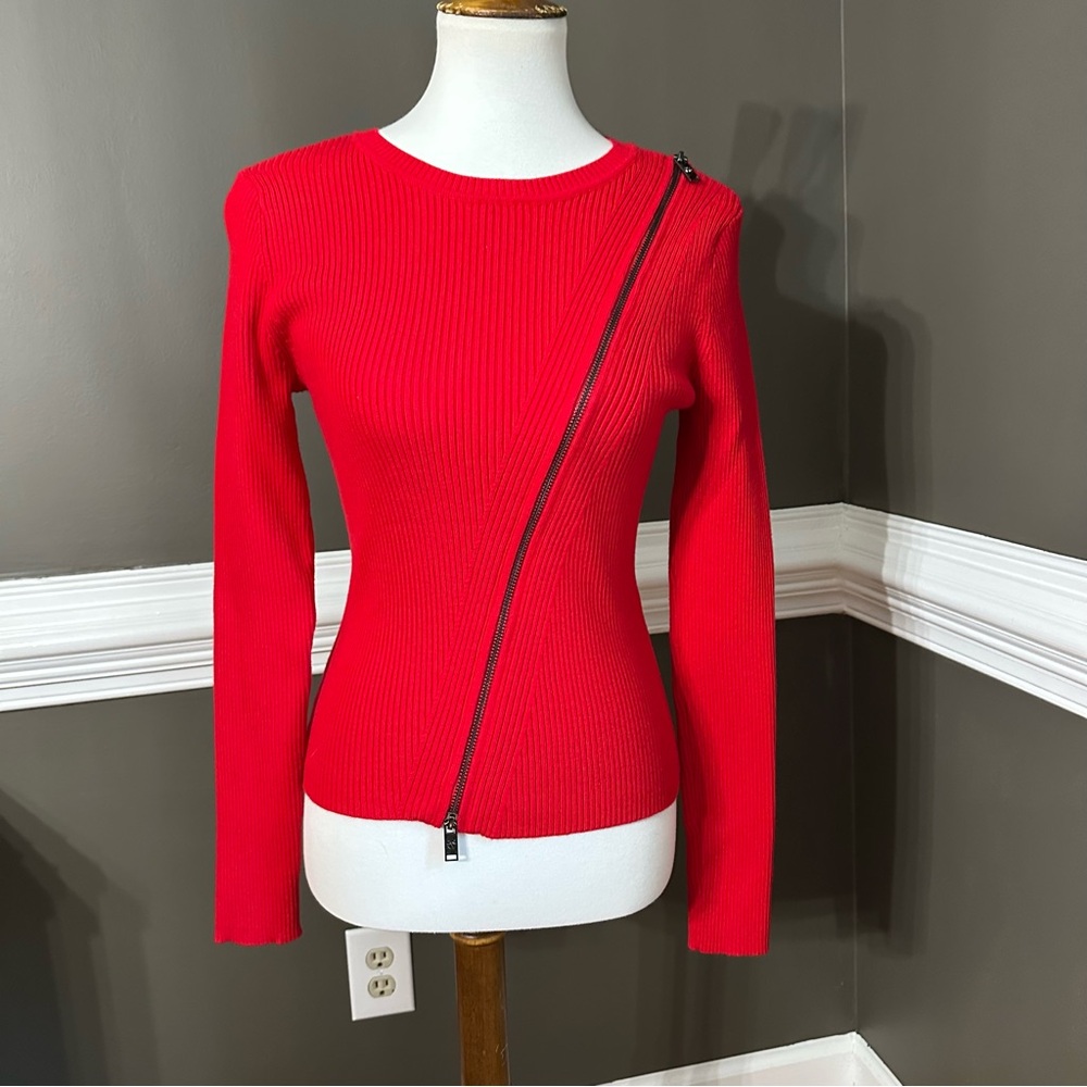 New with tags. DKNY Red Ribbed stretch Asymmetrical Zip Sweater. Size Small